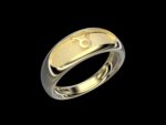 Taurus Ring in 18k yellow gold — a sculpted zodiac band carrying the Taurus glyph, the earth sign of the bull and the steady force that moves the world.
