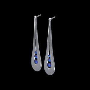 Graeae Earrings in 18k white gold — triple-sapphires gems drop earrings inspired by the three Grey Sisters of Greek mythology who shared one eye