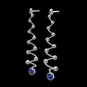 Kagutsuchi Earrings in 18k white gold with sapphires — zigzag lightning drops inspired by Kagutsuchi, the Japanese fire god of creation and destruction.