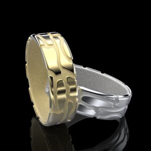 Klastys Ring in 18k yellow and white gold — crackle-patterned band inspired by Ginnungagap, the Norse primordial void where the world was born.