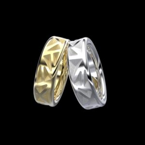 Kyshar Ring in 18k yellow and white gold — faceted geometric band inspired by Kishar, the Babylonian goddess of the horizon in the Enuma Elis.