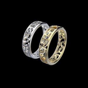Lunna Ring in 18k white and yellow gold — openwork arabesque filigree ring inspired by Luna, the Roman moon goddess.