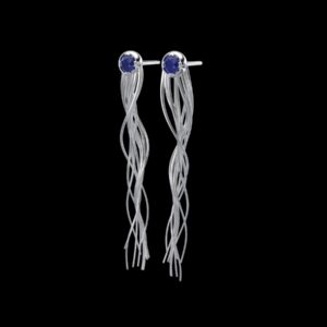 Medusea Earrings in 18k white gold — twisted wire drops earrings set with sapphires, inspired by Medusa, the serpent-haired Gorgon of Greek mythology.