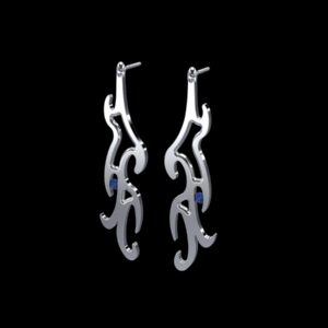 Neshah Earrings in 18k white gold — organic calligraphic drop earrings set with a sapphire, inspired by the sacred art of Persian and Hebraic calligraph