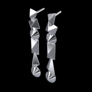 Phythae Earrings in 18k white gold — descending geometric columns inspired by Pythagorean sacred geometry and the Platonic solids.