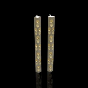 Giang Earrings in 18k yellow gold — rectangular bar earrings with Haida eye motif, inspired by Pacific Northwest Indigenous form line art